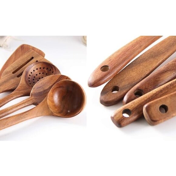 Natural Teak Wood 6Pcs Utensils Set Holder Non-stick wooden utensils durable - Picture 6 of 10